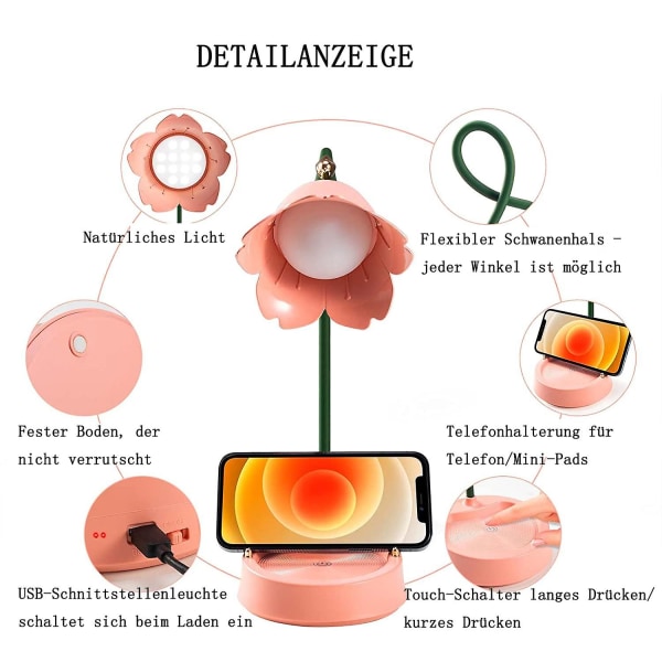 Lasten pöytälamppu, himmennettävä LED-pöytälamppu 3 värilämpötilalla, latautuva pöytälamppu kosketusanturilla ja joustavalla varrella, USB-sängynpäälamppu