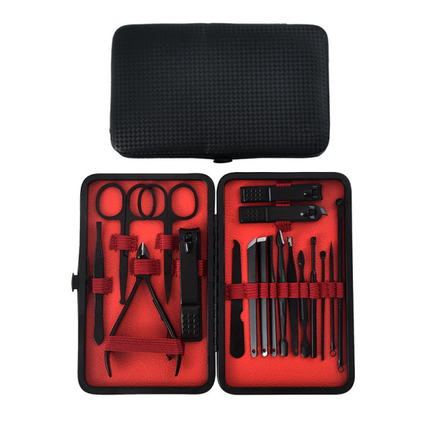 Manikyrset, 18 i 1 Rostfritt Stål Professionellt Pedikyrset Nagelsaxar Grooming Kit med Svart Läder Reseväska