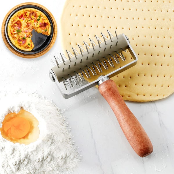 Stainless Steel Dough , Pizza Dough Roller with Wood Handle, Pizza Bread Pin Puncher Pizza Wheel for Pizza Cookie Cake Pie Pastry Bread Doug