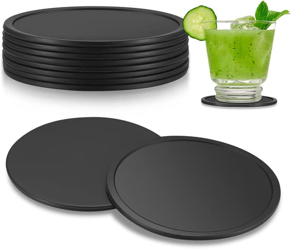 8-pack Coasters, Silicone Coasters, Drink Coasters, Black Round Coasters for Drinks, Bars, Cups, Glass Table Mats