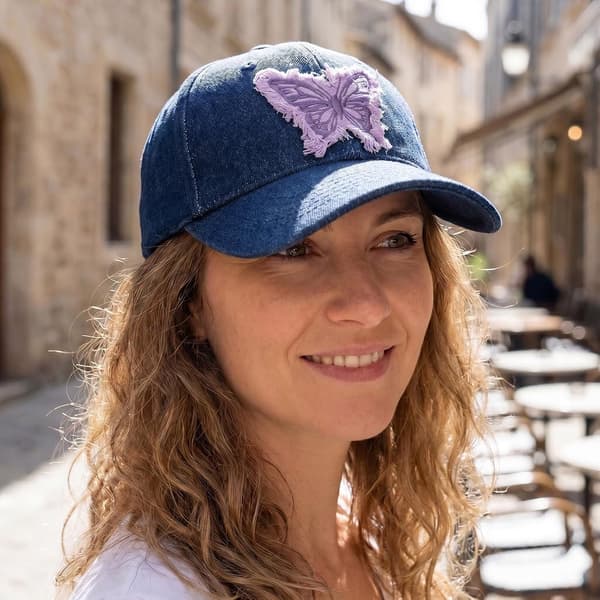6 stk. denim sommerfugl-strykelapper, lilla brodert applikasjon