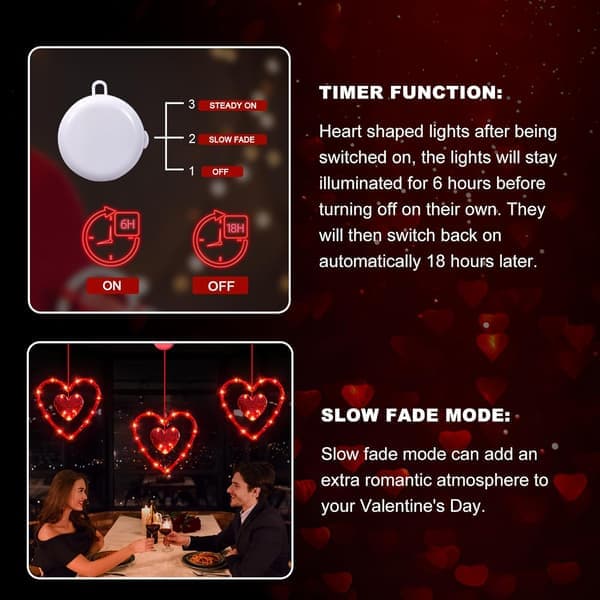 Valentine's Day Window Lights 3-Pack Timer Battery Hanging Heart Silhouette Suction Cup [Ho]