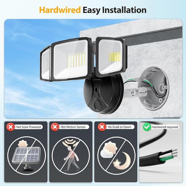 Onfor 60W Floodlight Open, 6000lm Brightness Security Light Switch Controlled, 3 Adjustable Heads