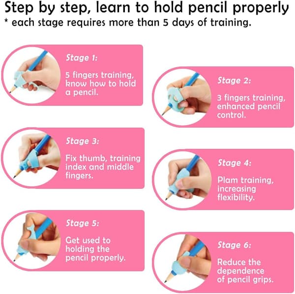 6 Step-by-Step Pencil Grip Trainer Set for Right-Handed, Handwriting Aid Correction Tool