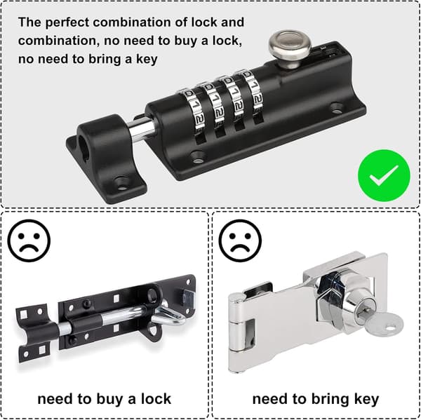 Combination Lock, 120mm Combi-Bolt 4-Digit Unique Combination Lock, Thickened Solid Zinc Alloy Door Lock (Black)