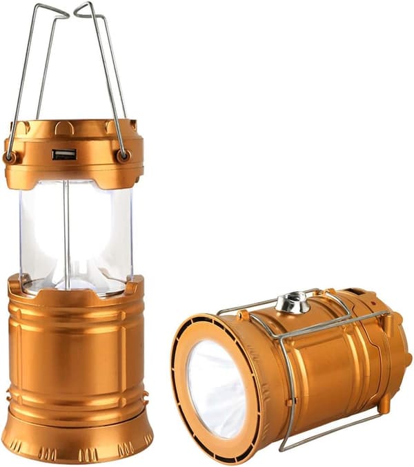 Solar Powered Camping Lantern, Foldable LED, USB-C Rechargeable, Gold
