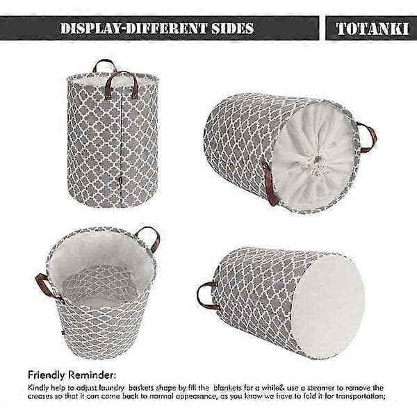 60L Large Laundry Hamper with Durable Leather Handle, Thickened Waterproof Drawstring Round Foldable Laundry Basket (Grey, L)