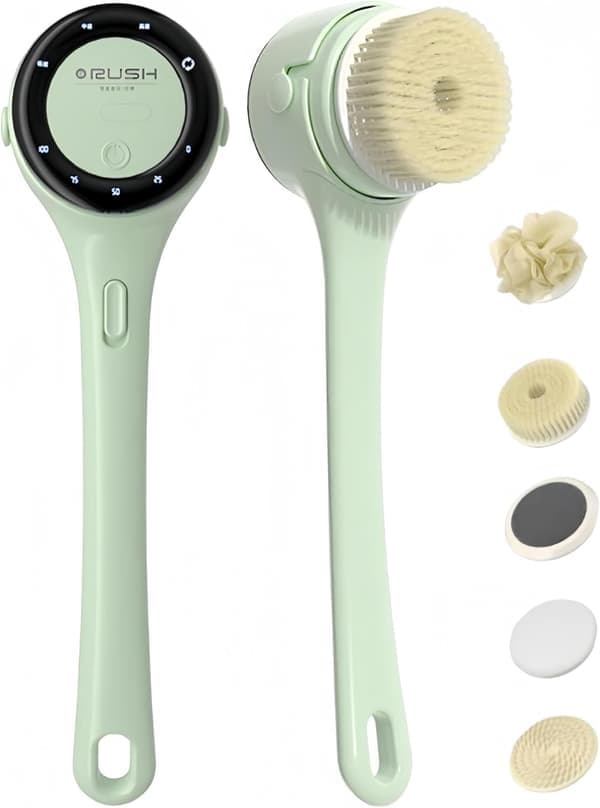 Electric Shower Brush - Rechargeable Long Handle Back Scrubber with 5 Replaceable Heads and LCD Display for Exfoliation and Massage