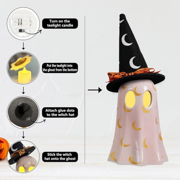 Halloween Decoration 3-Pack – Ceramic Ghosts with Witch Hats, Cute Spooky Figurines for Shelf, Table & Mantel