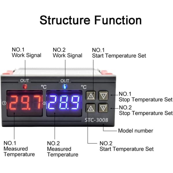 1 Piece STC-3008 DC 12V Temperature Thermostat Controller, Digital Dual Display Temperature Controller with Dual NTC Sensors