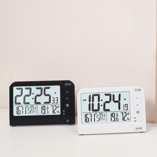 Large Digital Alarm Clock with LCD Screen, Backlight, Temperature, Battery Powered for Students and Professionals, White White