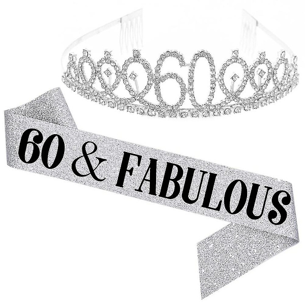 Kvinde Glitrende Rhinestone Bogstav Trykt Sash Tiara Sæt Fødselsdagsfest Tilbehør-farvesølv 60 År Gammel