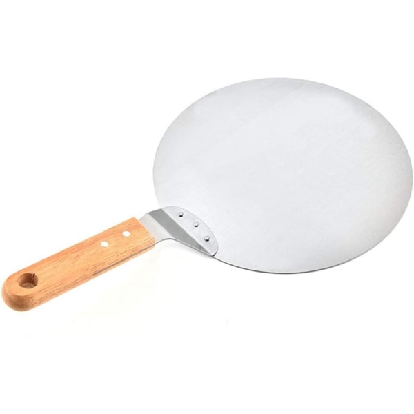 Large Round Metal Pizza Spatula with Wooden Handle for Baking Homemade Pizza and Bread or Cheese Serving Tray Oven