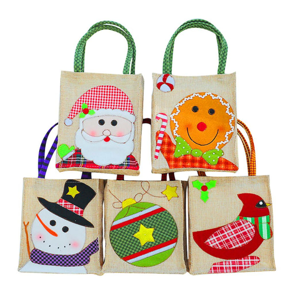 Christmas Linen Gift Bags with Handles Set of 5 Santa Snowman Tote Gift Wrap Bags for Christmas Party Candy Bread Cookies Cookie Organizer Reusable Po