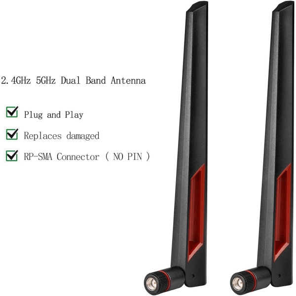 WiFi-antenne med RP-SMA hannkontakt, 2,4GHz 5GHz 5,8GHz Dual Band-antenne for PCI-E WiFi-nettverkskort USB trådløs kameraruter Hotspot etc. 2stk.