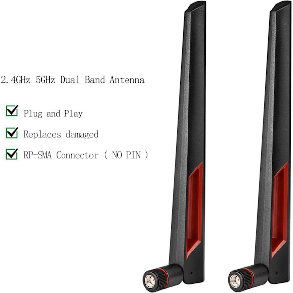 WiFi-antenne med RP-SMA hannkontakt, 2.4GHz 5GHz 5.8GHz dobbeltbåndsantenne for PCI-E WiFi nettverkskort USB trådløst kamera ruter hotspot osv. 2 stk