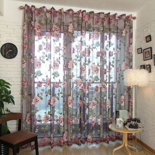 Gardiner, Tulle Dørgardin Draperi Panel Hengende Stoff Blomster Tulle Elegant Peony Blomst Dør Vindu (2stk, 100*200CM)