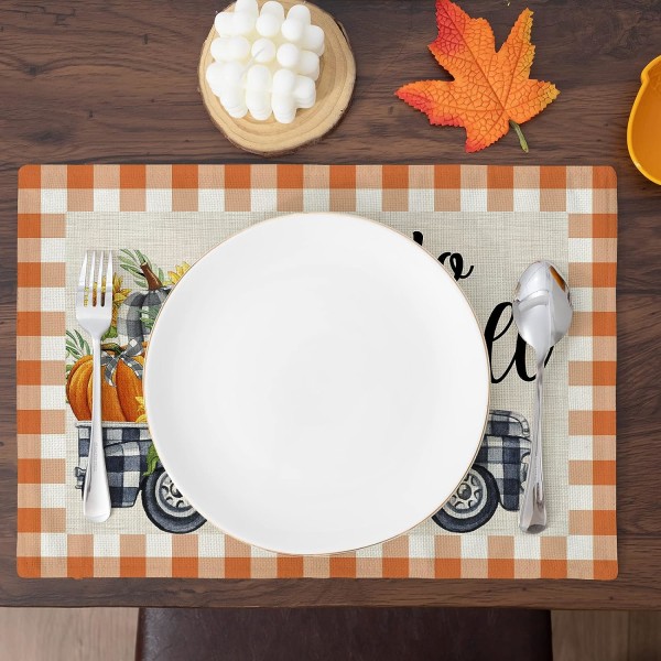 Efterårs Lastbil Græskar Solsikke Bordskånere til Spisebord Tommer Orange Buffalo Plaid Bordskånere Sæt af 4 Thanksgiving Efterår