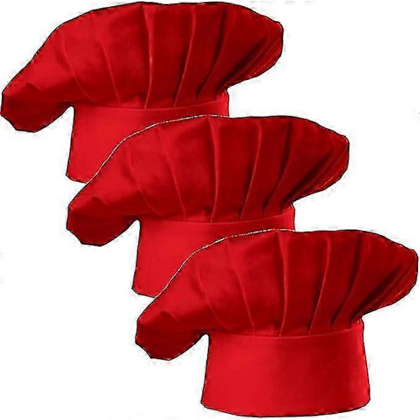 (Röd) Set med 3-pack Kockmössa för vuxna, justerbar elastisk bagarmössa för kök, matlagning, 3 stycken