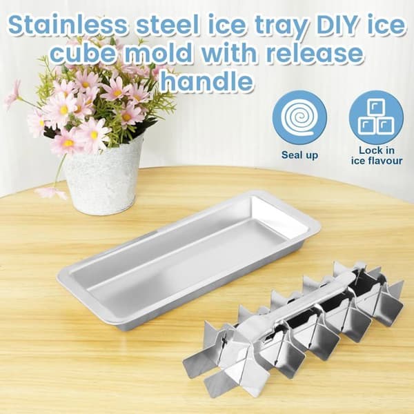 Stainless Steel Ice Cube Tray with 18 Molds - Lever for Easy Release - Reusable Square Ice Cubes