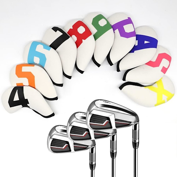 10 kpl Golfmailan suojuksia - Valkoiset, Golfmailan suojukset suurilla värikkäillä numeroilla, Rauta Golfmailan suojukset, Wedge He E