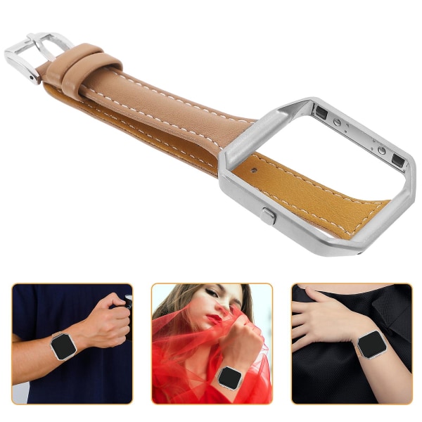 Äkta Läder Klockarmband Armbandsrem med Rostfritt Stålram För Smart Klocka (kaffe) 20.3*4.3cm