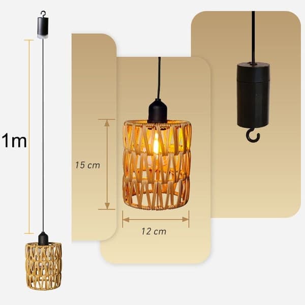 Ceiling lamp with remote control - decorative rattan lamp with bulb, battery-powered pendant lamp