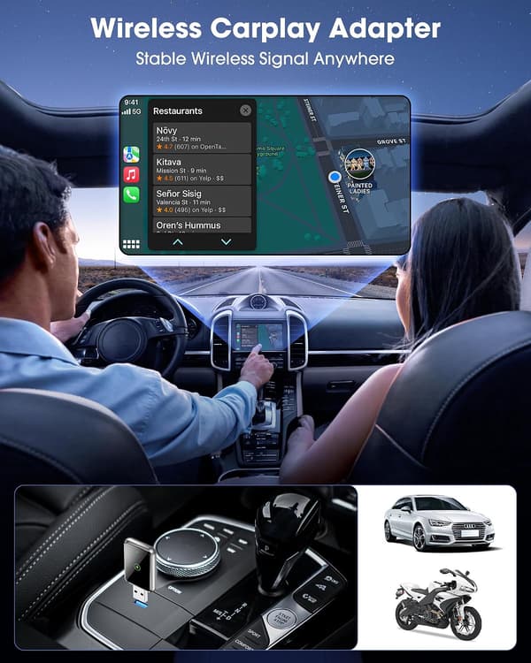 Trådløs CarPlay-adapter til iPhone - Plug-and-Play-installation, bred kompatibilitet med iPhones, der kører iOS 12+ (Kun til iPhone)