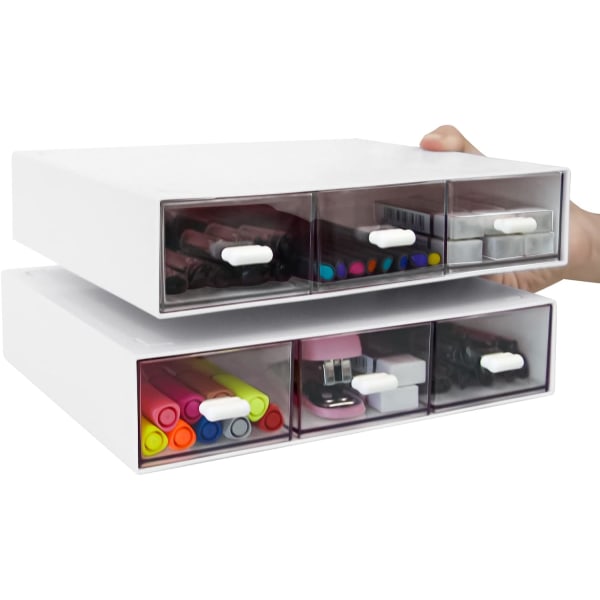 2 Pack Stackable Plastic Desk Organizer for Makeup, Sundries (3 Drawers, White)