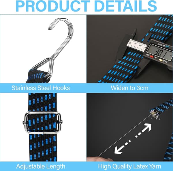 This set of 4 adjustable elastic cords with hooks is ideal for transporting goods, bicycles, etc.