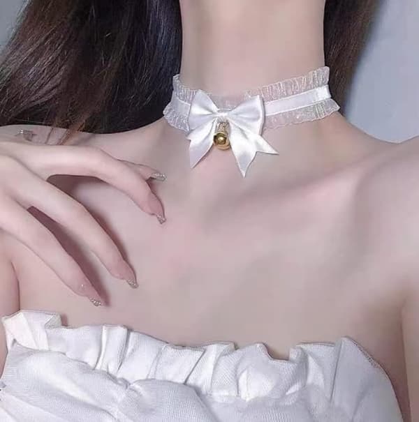Cat ear tiara, cat ear headband bell necklace, (white)