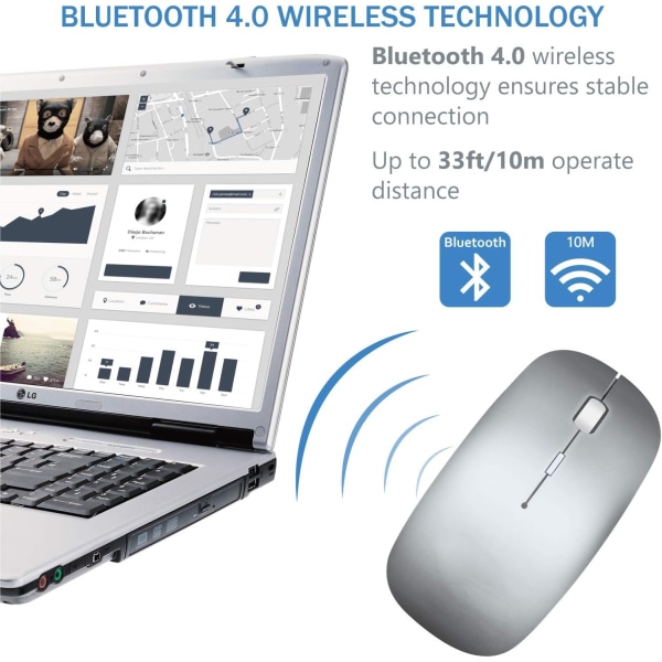 Trådløs Bluetooth-lader datamus for bærbare datamaskiner Laser Optisk Oppladbar Mini Slank Stille (Grå)