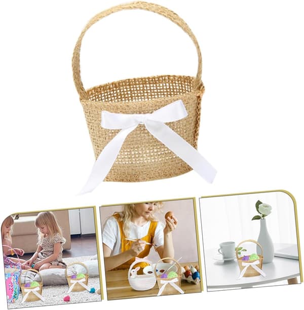 Handheld Jute Storage Baskets 6pcs with Handles, Natural Linen Miniature