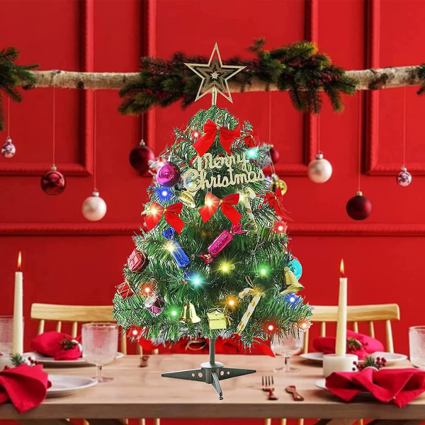50 cm konstgjord julgran, mini julgran med älva ljus och prydnader, juldekoration för bord