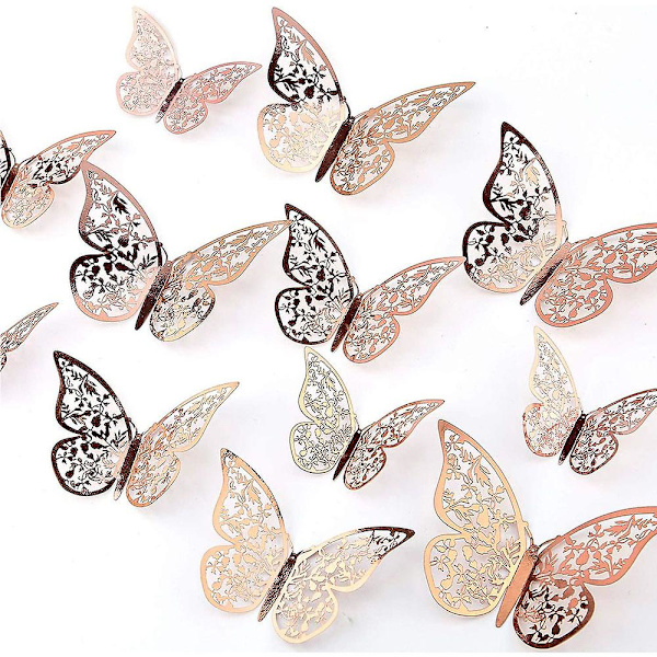 24 stk 3D Butterfly Vægstickers 3 Størrelser Butterfly Vægstickers Vægsticker Dekoration Til Soveværelse Fest Bryllup Dekorationer (Rosenguld)