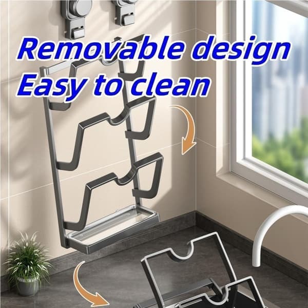 Metal Lid Rack, Cutting Board Rack with Suction Cup, Wall-Mounted Multi-Layer Storage Rack, Kitchen Utensil Rack (Grey, 6.3 * 3.1 * 16.9) [Ho]