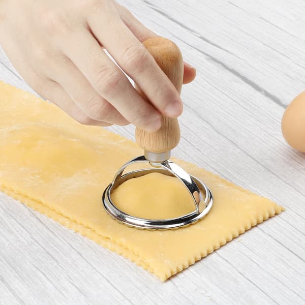 Italian Ravioli Stamp Cutter with Roller (4 Set), Wooden Handle and Fluted Edge, for Embossing Patterns on Pasta Dough.