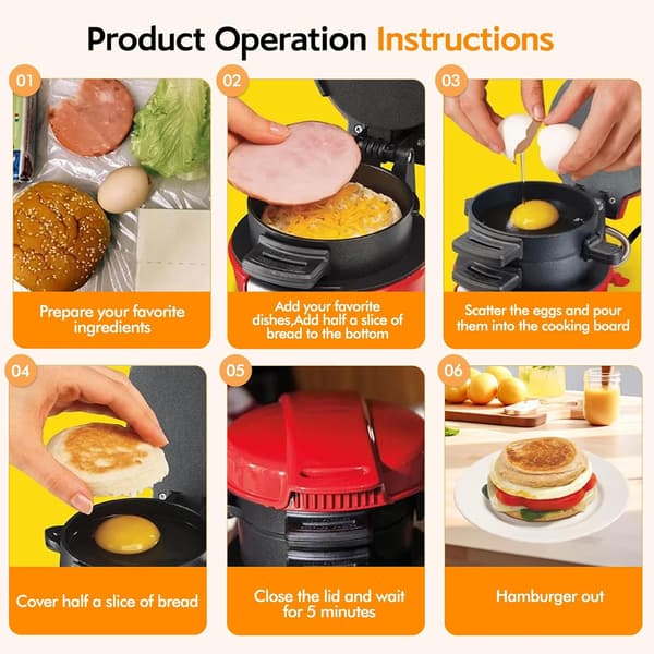 Electric Sandwich Maker, Muffin and Burger Machine, Toaster with Egg Ring and Non-Stick Baking Plate