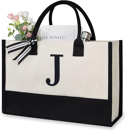 Personlig lærredsstrandtaske med initialer, monogram-gavepose til kvinder