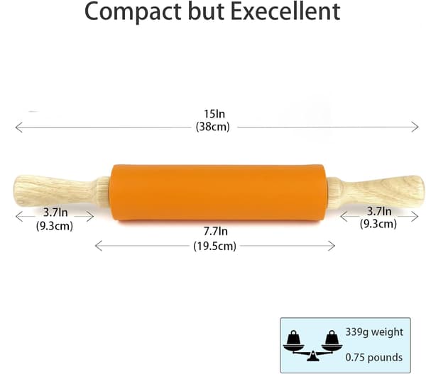 Silicone Rolling Pin, Non-Stick Surface, Wooden Handle (38 cm)