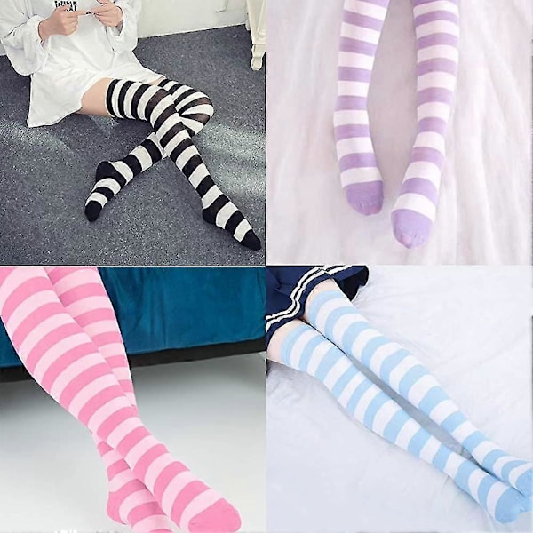 6 Par Höga Lårstrumpor Randiga Över Knä Tunna Tights Långa Strumpor Knähöga