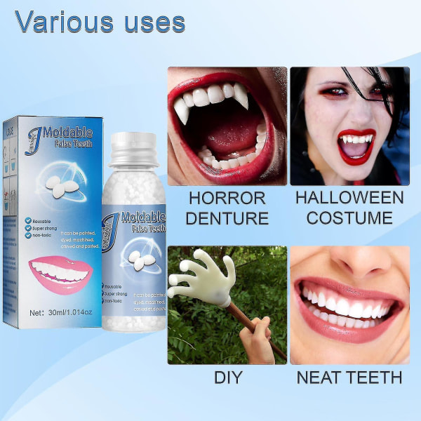Muovinen hampaiden liima, kalvo- ja televisiomeikki, hammasproteesit, väliaikaiset täytteet, hampaiden väliset täytteet, täyttöhampaat, väärät täytteet, katkenneet hampaat