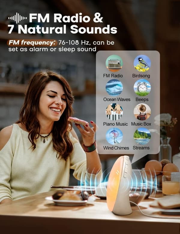 Light alarm clock, daylight alarm clock, sunrise, sunset simulation, full screen wake-up light with dual alarms