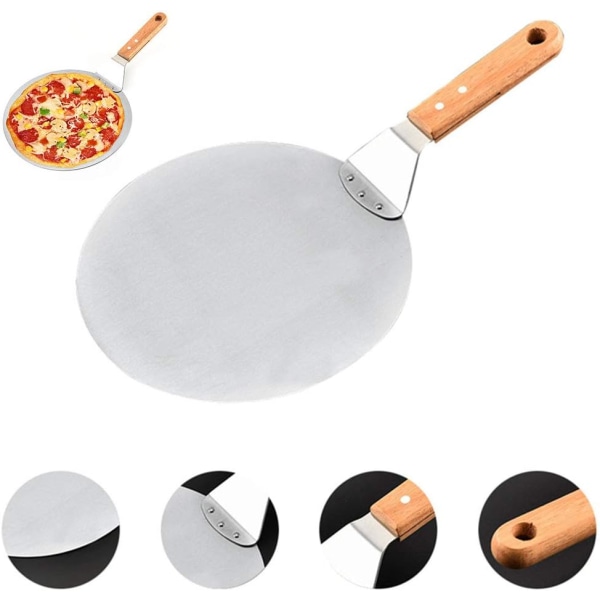 Suuri pyöreä metallinen pizzalapa puisella kahvalla kotitekoisen pizzan ja leivän tai juuston tarjoiluastia-uunin leivontaan