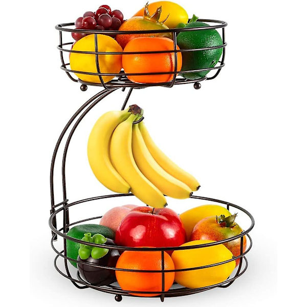 2-vånings fruktkorg med bananhållare, metallkorg för frukt och grönsaker, snacks och hushållsartiklar (svart)