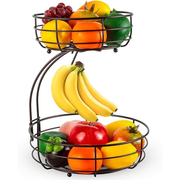 Fruktkorg med 2 våningar med bananhållare, fruktkorg i metall för frukt- och grönsakssnacks och hushållsartiklar (svart)