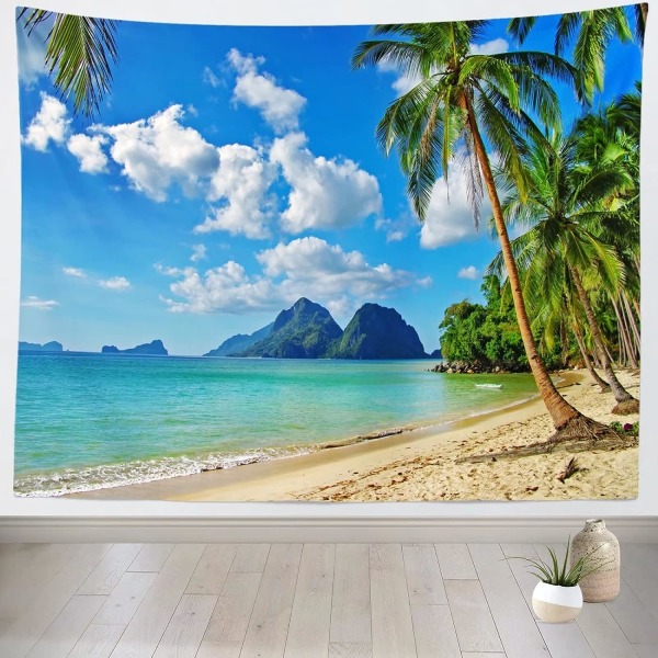 Ocean Beach Gobelin 90x75CM Tropical Island Palm Tree Waves Ekstra stort Gobelin Sommer Hawaii Paradise Landskab Vægophæng Hej