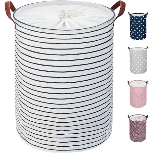 1 pc 45 cm freestanding laundry basket with lid (blue striped, M)