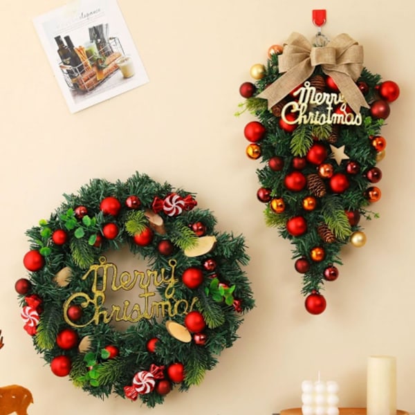 2 st julkrans för ytterdörr, julkrans med röda bolldekorationer för dörr, fönster, mantel, inomhus och utomhus