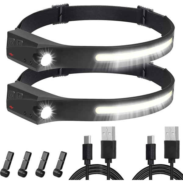 Pannlampa, 2 delar Super Bright rörelsesensor LED-strålkastare, 350 Lumen 6 lägen USB uppladdningsbara huvudfacklor, för campingfiske, jogging och vandring